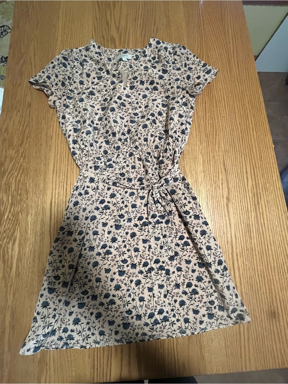 Loft short cap sleeve A-line dress size M beigey pink with blue floral print
